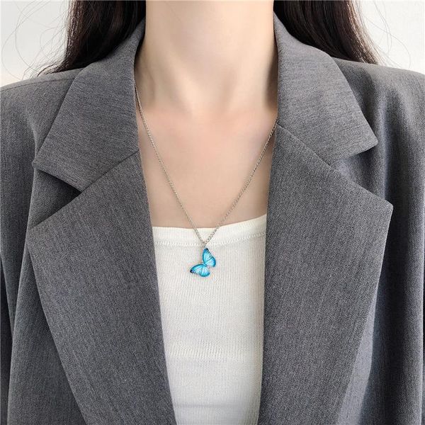 

pendant necklaces exquisite blue butterfly necklace korean fashion women's silver color clavicle chain charming girl party jewelry gift
