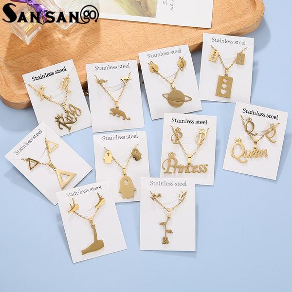 

earrings & necklace animal heart flower stainless steel pendant jewelry sets for women cross gold color chain, Silver