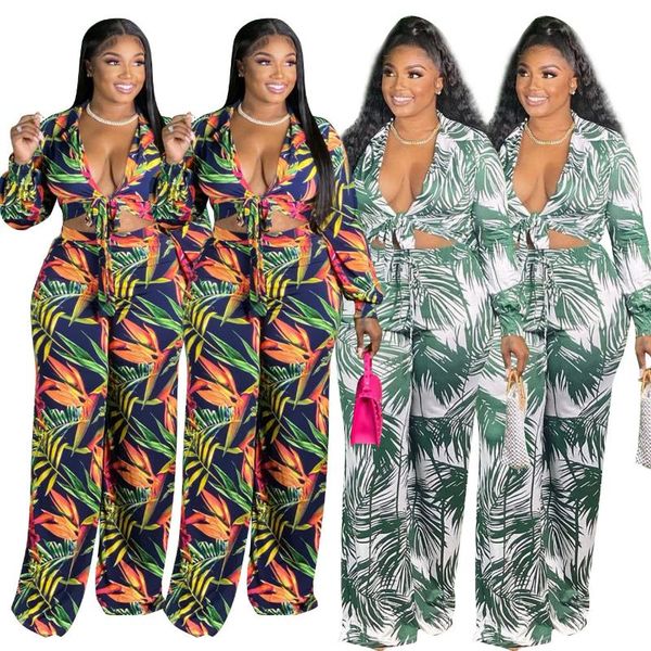 

women's two piece pants shzq leaf printing women v-neck bohemian sets charming lace-up high waist wide-leg autumn 2021 suits, White