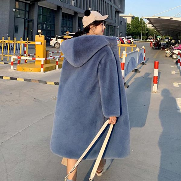 

women's fur & faux 2021 thick warm long coat plus size overcoat fluffy mink hair hoodies winter loose women jackets casual outerwear, Black