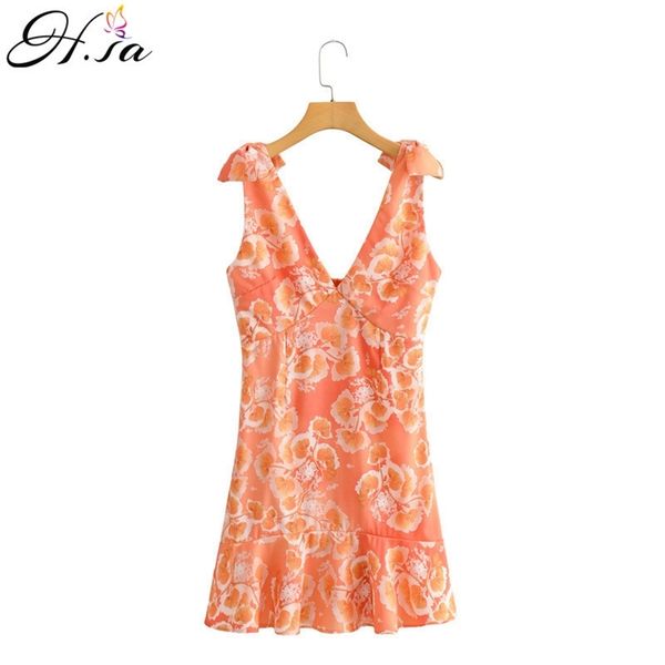 

women summer dresses v neck low backless pleated estidos bow tied midi orange floral robe dress 210430, Black;gray
