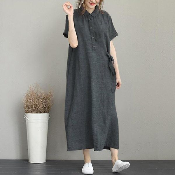

casual dresses summer loose japanese and korean style maxi dress ladies women's comfortable breathable solid buttons long daily, Black;gray