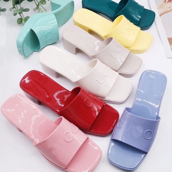 

luxury slippers g family style square head thick heel women's summer wear solid color letter slippers jieyang shoe factory, Black