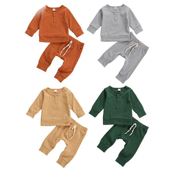 

clothing sets 2pcs toddler long outfits solid o-neck long-sleeves button front + elastic-waist pants for 0-18  baby boys girls, White
