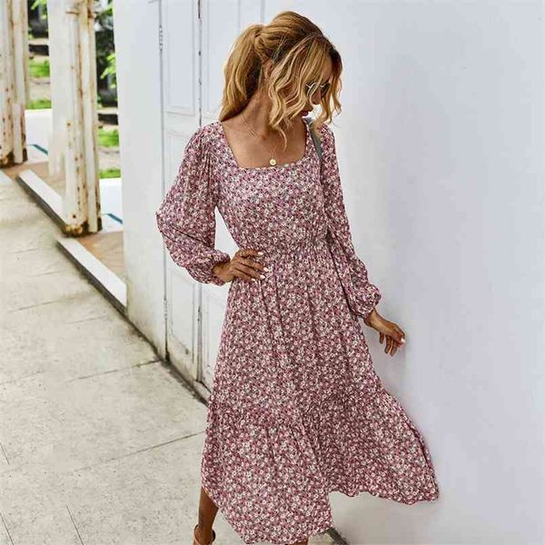 

women's autumn winter products retro square collar dress long es women floral print maxi vestido de mulher 210517, Black;gray
