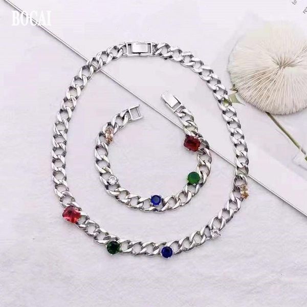 

chains bocai pure s925 silver jewelry inlaid with five color diamonds chain woven cuban 2021 trendy woman bracelet/necklace