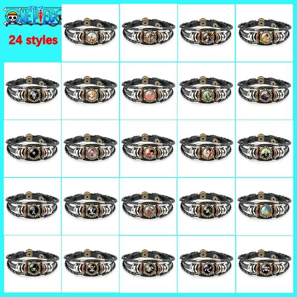 

charm bracelets fashion one piece luffy pirate logo bracelet punk black leather braided rock bangles jewelry accessories friends gift, Golden;silver