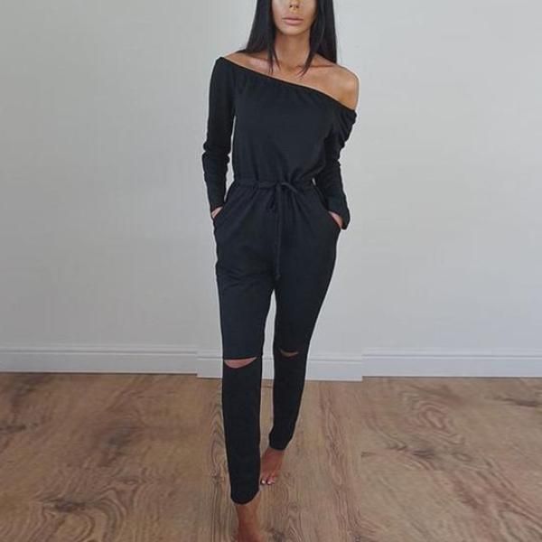 

women's jumpsuits & rompers women jumpsuit ladies solid off shoulder hole long sleeve romper skinny trousers, Black;white