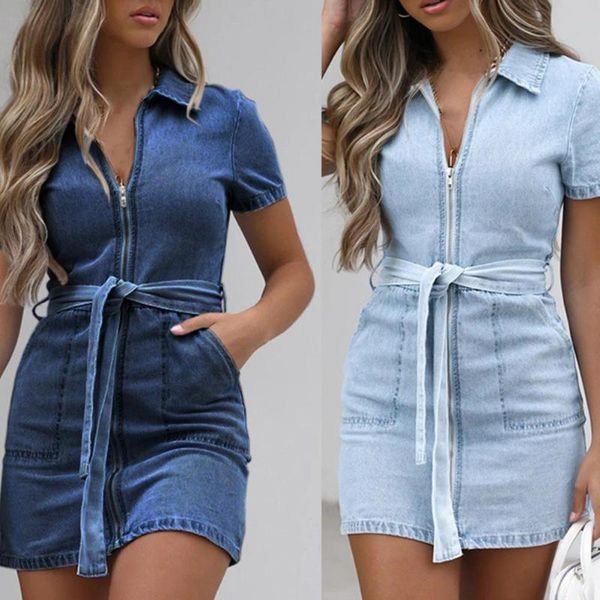 

casual dresses plus size denim dress waist belt pockets women short sleeve zippers jean party swing vestidos, Black;gray