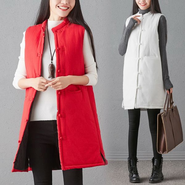 

winter autumn cotton and flax retro buckle female heat long thick jacket sleeveless parka waistcoat y1420 upe4, Black;brown