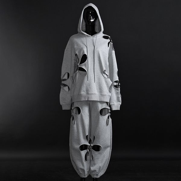 

hollow out flowers two piece sets for female long sleeve with hat sweatershirt high waist loose trousers tide 2021, Black;white