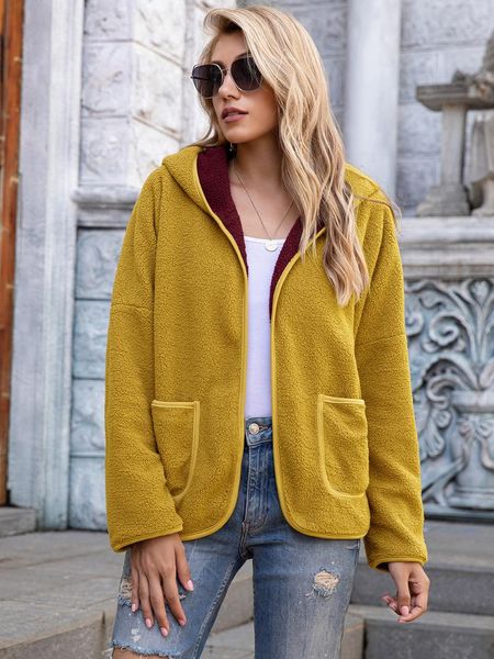 

women's jackets autumn and winter bubble fleece casual hooded sweater plush color matching jacket, women coats winter,, Black;brown