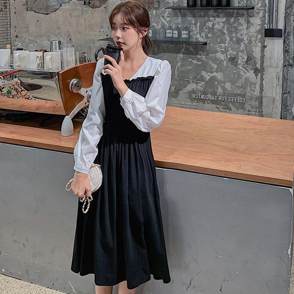 

women's spring autumn dress french retro v-neck stitching long-sleeved waist slimming female dresses qx927 casual, Black;gray