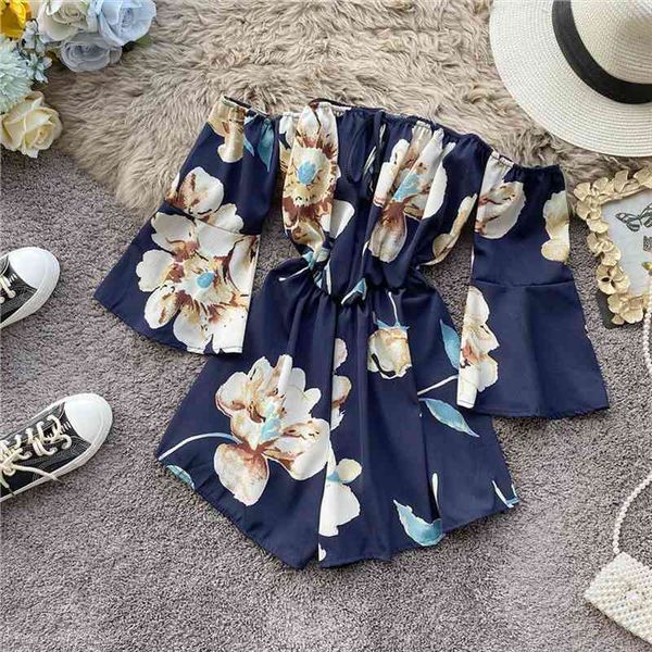 

boho floral print off shoulder short jumpsuit women tie summer casual falre sleeve playsuit beach holiday romper, Black;white