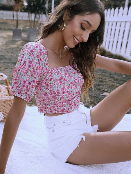 

ditsy floral square neck puff sleeve blouse q2v5#, White