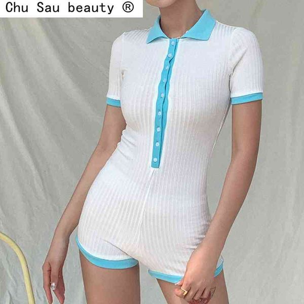 Chu Sau Beauty Sommer weiß gerippt ausgestattet Overall Frauen Einreiher Kurzarm niedlich sexy Playsuit Strampler Mode 210508