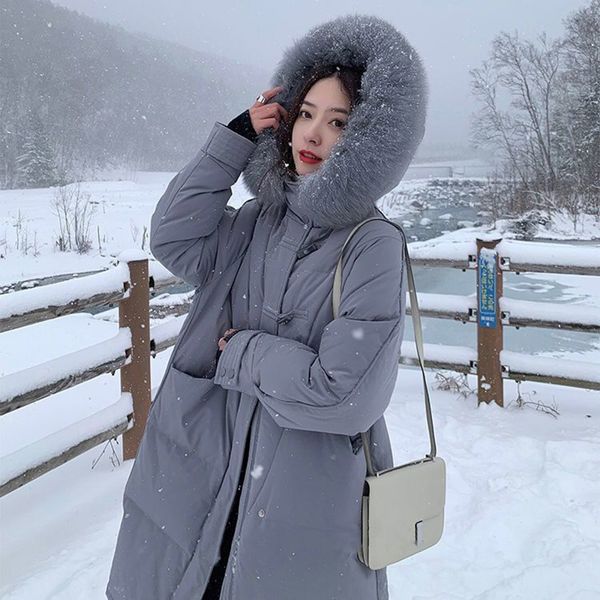 

women winter real raccoon fur long down jacket vintage female 90% white duck coat loose hooded lady thick warm overcoat 210510, Black