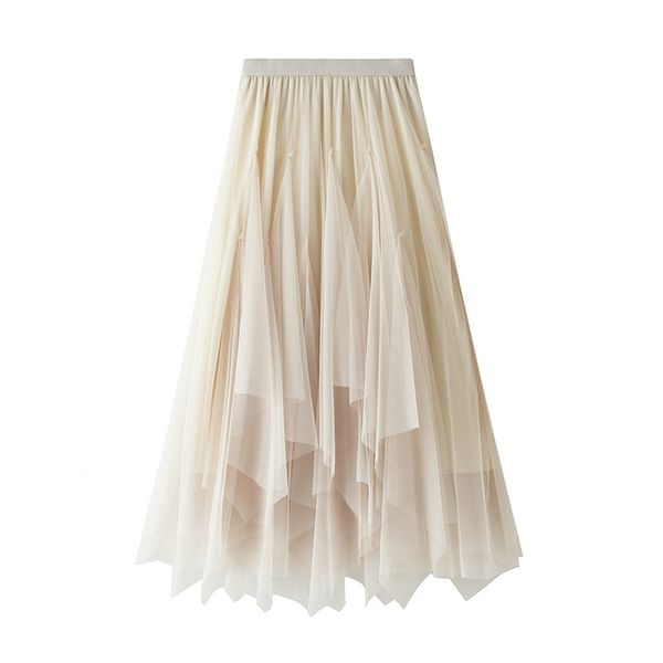 

summer simple solid mesh skirt elastic high waist slim casual all-match women irregular a-line long 210527, Black