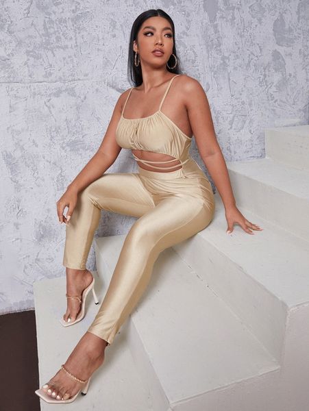 

plus cut out criss cross cami jumpsuit d3x1#, Black