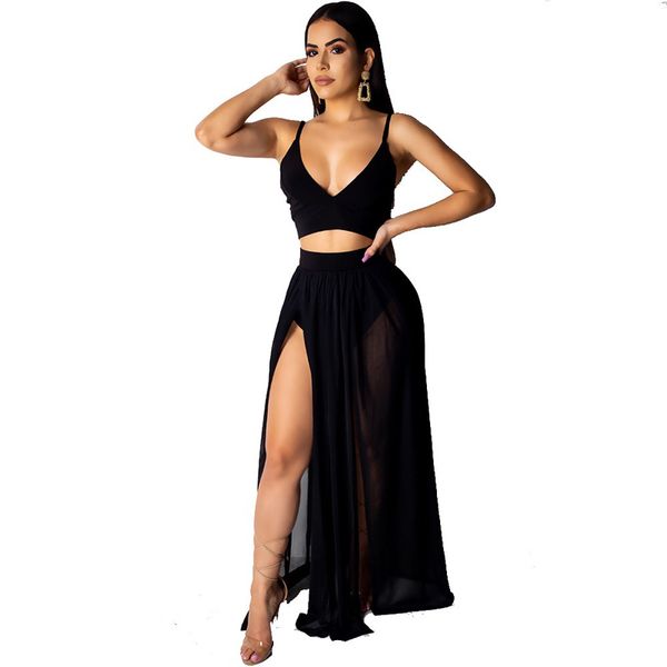 

women two piece dress chiffon strap deep v neck bra crop high split maxi dresses skirt set, White