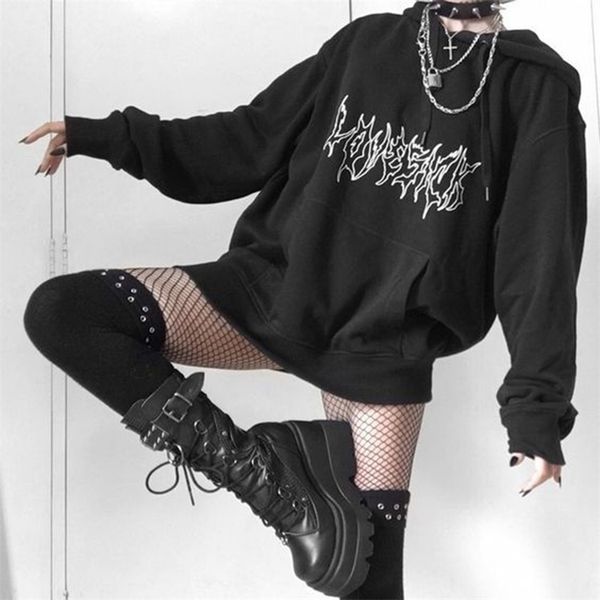 

punk goth letter print hip-hop hooded sweatshirt vintage kpop loose casual women moletom harajuku streetwear pullover 210805, Black