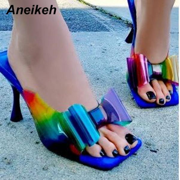 

slippers aneikeh colour pvc butterfly-knot square head high heel sandals summer fashion slip on heels slides women mules, Black