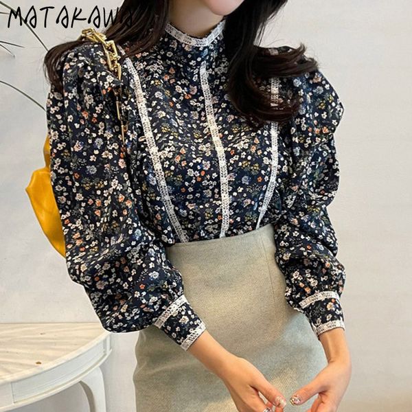 

matakawa elegant lace stitching blouse women korea chic fashion stand collar shirt loose puff sleeve print floral blusas 210513, White