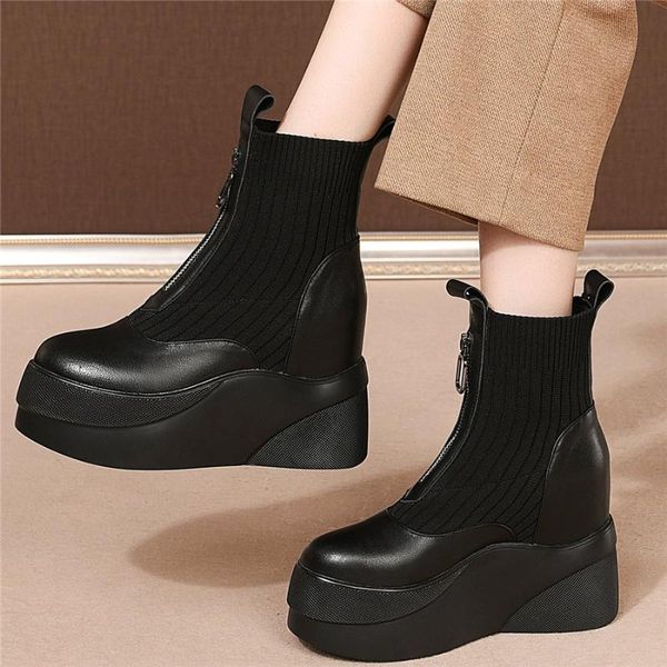 

boots casual shoes women genuine leather wedges high heel ankle female knitting round toe fashion sneakers platform oxfords shoe, Black