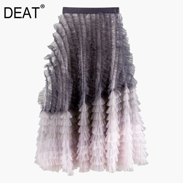 

spring high elastic waist gradient color big swing skirt women vintage loose mesh aball gown pd710 210421, Black