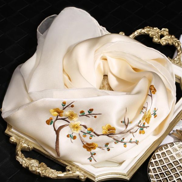 

scarves 16mm 100% silk scarf women embroidered handmade double layer middle-aged mother thick luxury gift real cheongsam shawl, Blue;gray