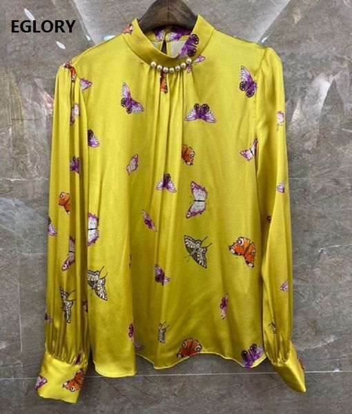 

skirts 100%silk blouse shirt spring summer style women stand neck butterfly print beading deco long sleeve blue yellow shirt, Black