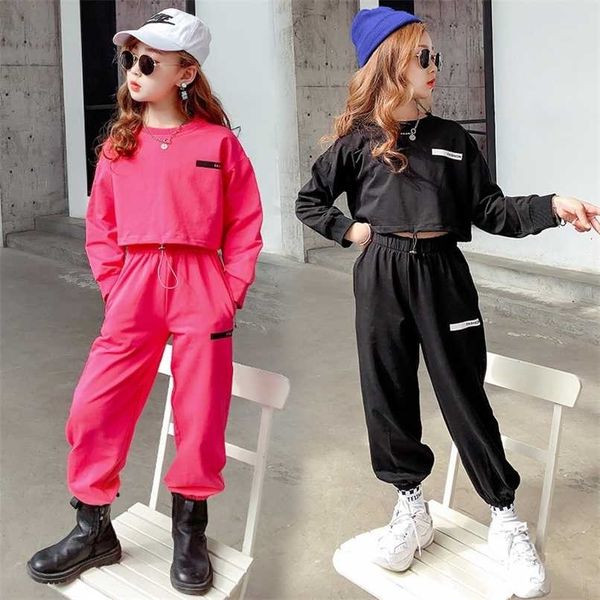 

spring kids sport clothes streetwear children's clothing cotton casual t-shirt+pants suit teenage girl costume outfits 4-13y 220118, White