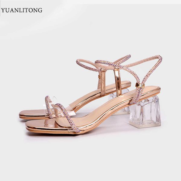 

net red and rhintone two wear herringbone belt high-heeled sandals 2021 fashion casual women's sho, Black