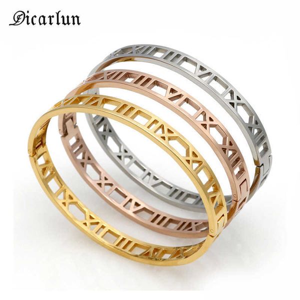 

dicarlun roman numerals gold bracelet bangle hollow stainless steel roman cuff bracelet women steel dropshipping jewelry 2019 q0717, Black
