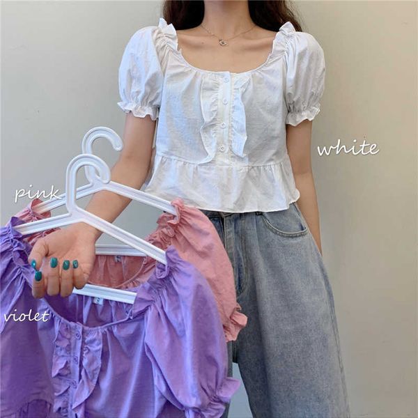 

women's knits & tees bm style ladies and blouses summer frill square neck sleeve women peplum ruffle crop dames zomer n59y, White
