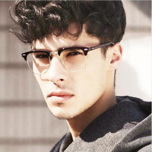 

fashion sunglasses frames women square eyeglasses frame optical eyeglass brand men clear lens reading fake glasses vintage rivet half metal, Black