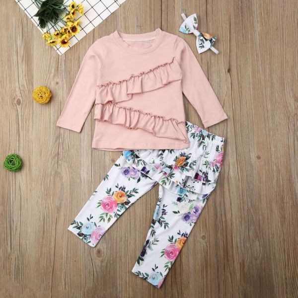 

baby & children's 3pcs toddler girl autumn clothes ruffle t-shirt + floral pants outfits clothing sets, White