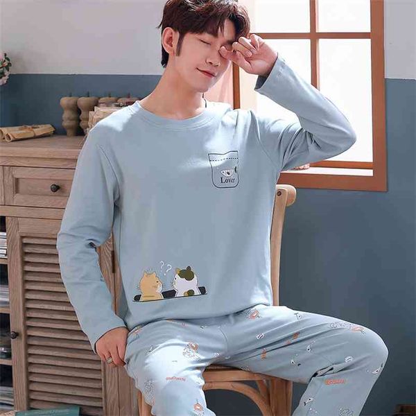 Herbst Winter Pyjamas für Männer Reine Baumwolle Lose Nachtwäsche Hause Kostüme Männliche Casual Homewear Langarm Pyjama Hosen Set 210901