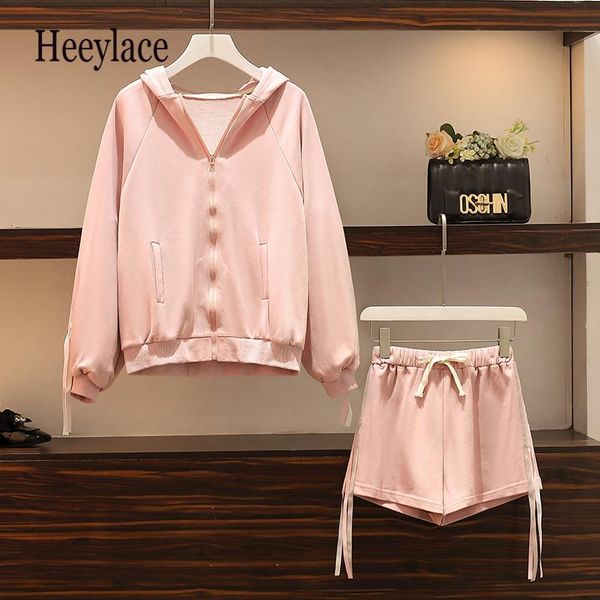 

women's tracksuits plus size women tracksuit autumn long sleeve hoodies zipper coats and shorts two-piece suit korean casual outfits 4x, Gray