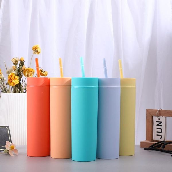 

mugs double wall matte finish reusable skinny 473ml 16oz plastic tumbler with straw