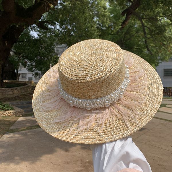 

zhou yangqing's same spring summer small fragrant flat pearl pink feather net red wind big brimmed straw hat, Blue;gray