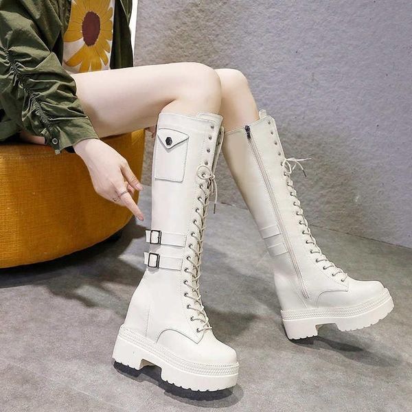

boots winter buckle knee high female punk gothic platform metal lace thick military invisible heel shoes, Black