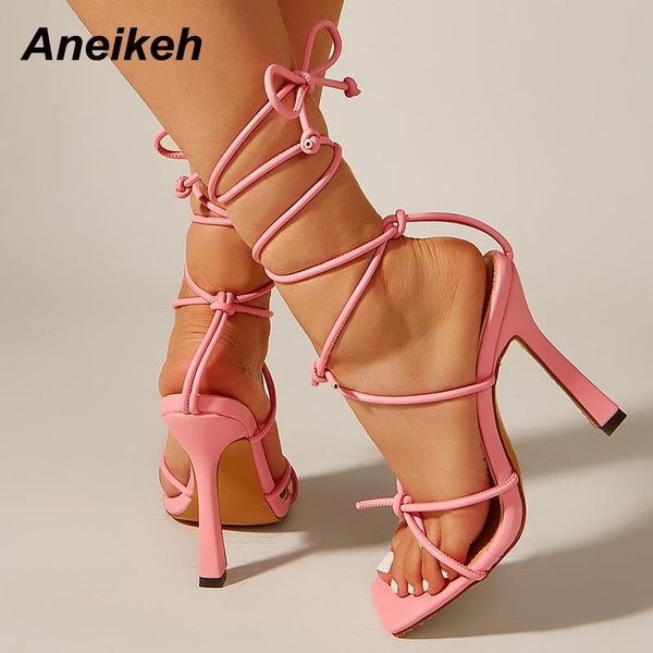 

sandals aneikeh 2021 fashion strap high heel summer pu women pumps gladiator square toe lace-up cross-tied party size 35-42, Black