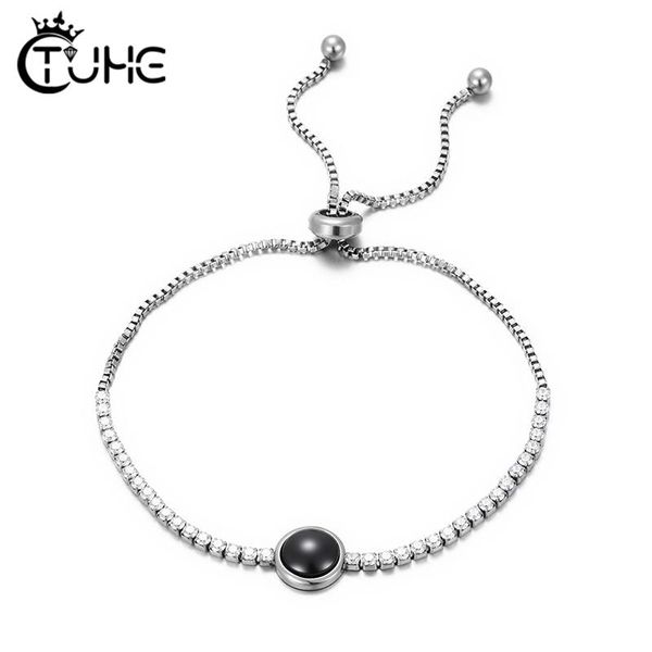 

round black white ceramic adjustable bracelet slider brilliant cz stone silver color fashion jewelry for women girl classic charm bracelets, Golden;silver