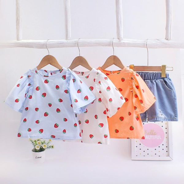 

toddler kids baby girls clothing set summer clothe strawberry floral +ripped denim shorts outfit clothes sets, White
