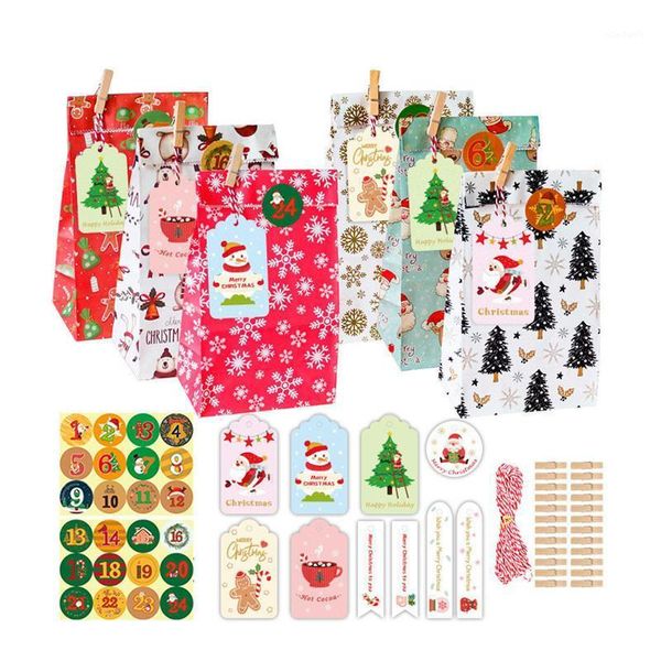 Geschenkpapier 24 teile/los Weihnachten Gedruckt Kraftpapier Taschen Paket Für Geschenke Frohe Weihnachten Countdown-Kalender Aufkleber Tags Bäckerei Überraschung Box