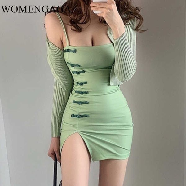 WOMENGAGA Stile cinese Sexy Autunno Inverno Base senza spalline Mini abito verde Button Slim Cheongsam Donna R599 210603