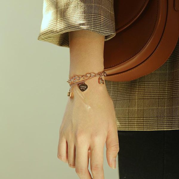 

fashion jewelry love charm double chain vintage rose gold lock pendant hand women york letter key bracelet bracelets, Golden;silver