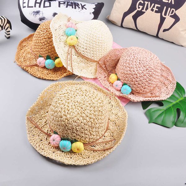 

f144 three little pumpkin lace children's straw hat beach hat handmade sun, Yellow