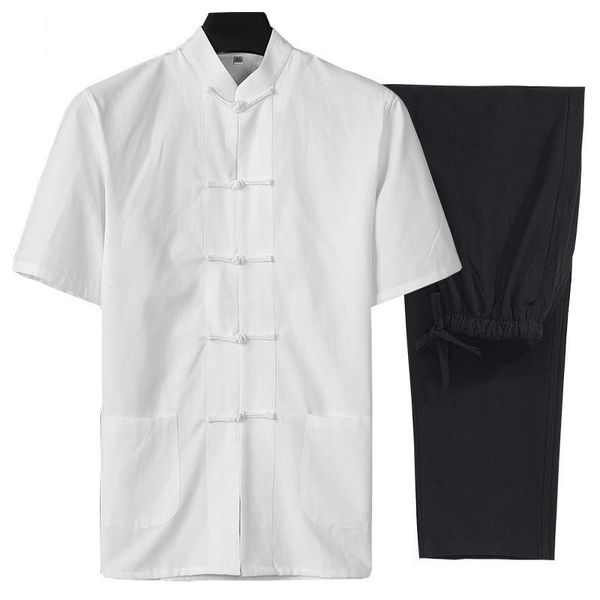 Tute da uomo in cotone estivo da uomo 2 pezzi vestito di linguetta camicia a maniche corte pantaloni colletto alla coreana in stile cinese Tai Chi uniforme taglie forti